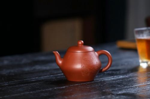 周小培紫砂壶 特油润黄龙山小红泥全手工朱泥宝记经典款高虚扁壶 原矿红泥