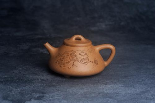 王静然紫砂壶 壶特惠 特好老黄段泥精致子冶石瓢壶 装饰人物 妙趣横生  特文气 老段泥