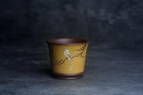 美壶定制紫砂壶 美美杯特惠 精致花鸟紫泥粉黄金段泥主人杯 特文气 