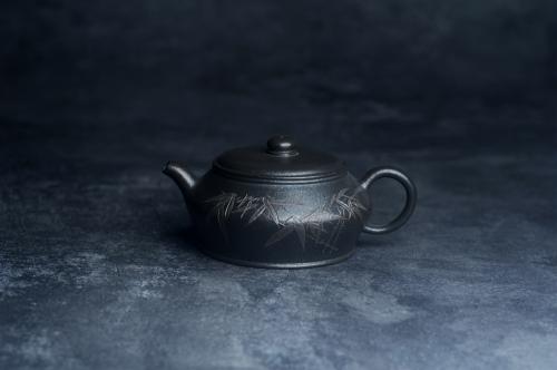 美壶定制紫砂壶 美壶特惠 精品柴烧青灰泥卡盖虚扁紫砂壶刻竹特文气 青灰泥