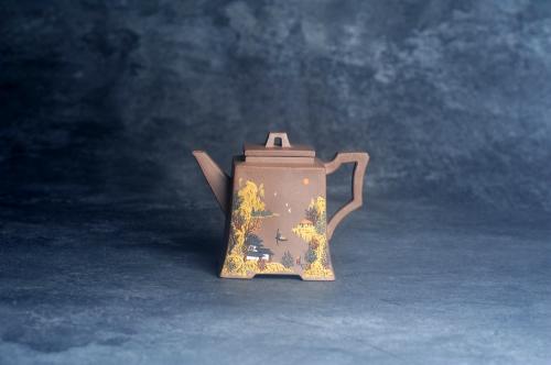 美壶定制老师紫砂壶 美壶特惠 特好老段泥方钟壶 泥绘山水特文气 老段泥