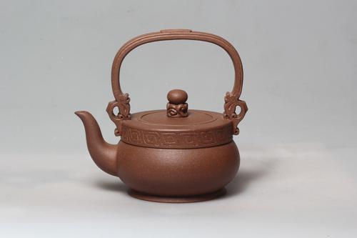 朱叶新紫砂壶 双龙提梁 
