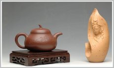 紫砂壶图片：【瑕疵特价】优雅之风 和石刻绘潘天寿兰花盘 全手紫泥茄段 - 美壶网