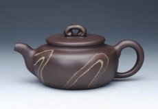 紫砂壶图片：如意腰鼓壶 紫五色土绞泥 - 美壶网